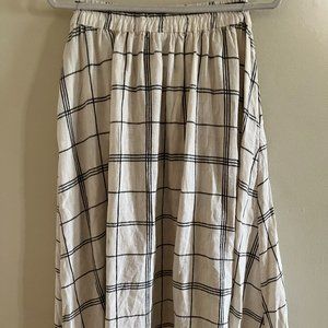 Midi Linen A-Line Gingham Skirt with Pockets